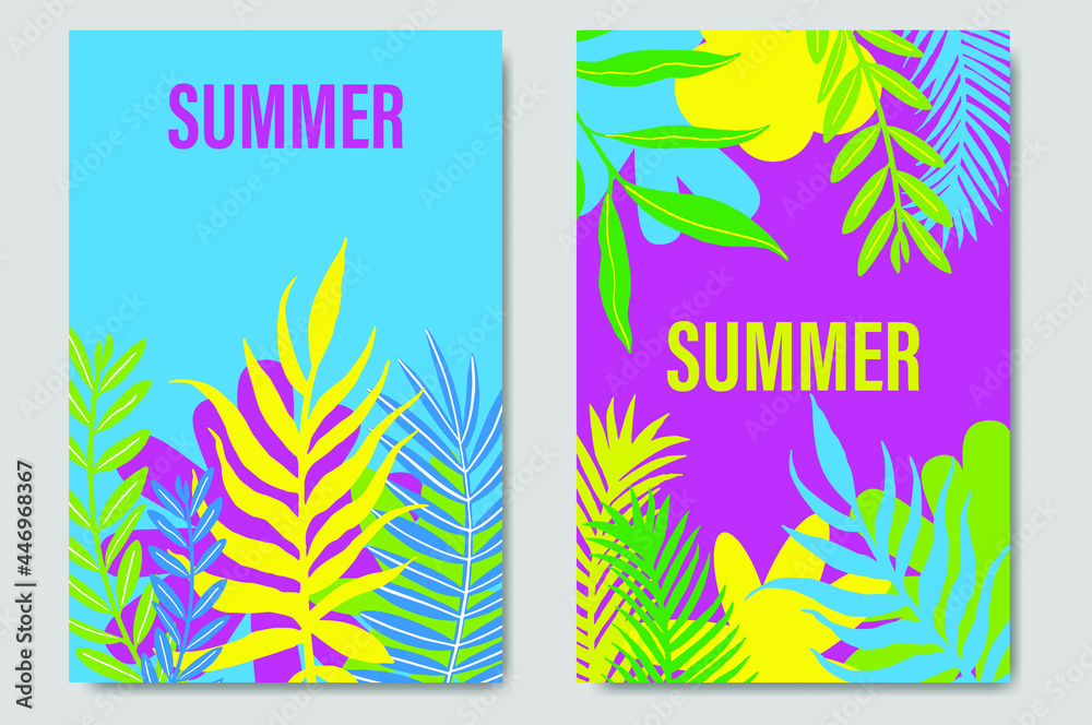 Set summer cards perfect for prints, flyers, banners, invitations, special offer. Tropical background. Palm trees. Summer landscape. Summer vacation concept. Vector illustration.