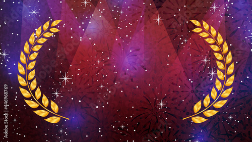 表彰式のイメージ_スポットライトと打ち上げ花火の背景イラスト_月桂樹のフレーム_16:9