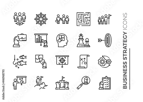 Simple Set of Business Strategy Related Vector Line Icons. Contains such Icons as Target Audience, Research, Plan, Scheme and more.