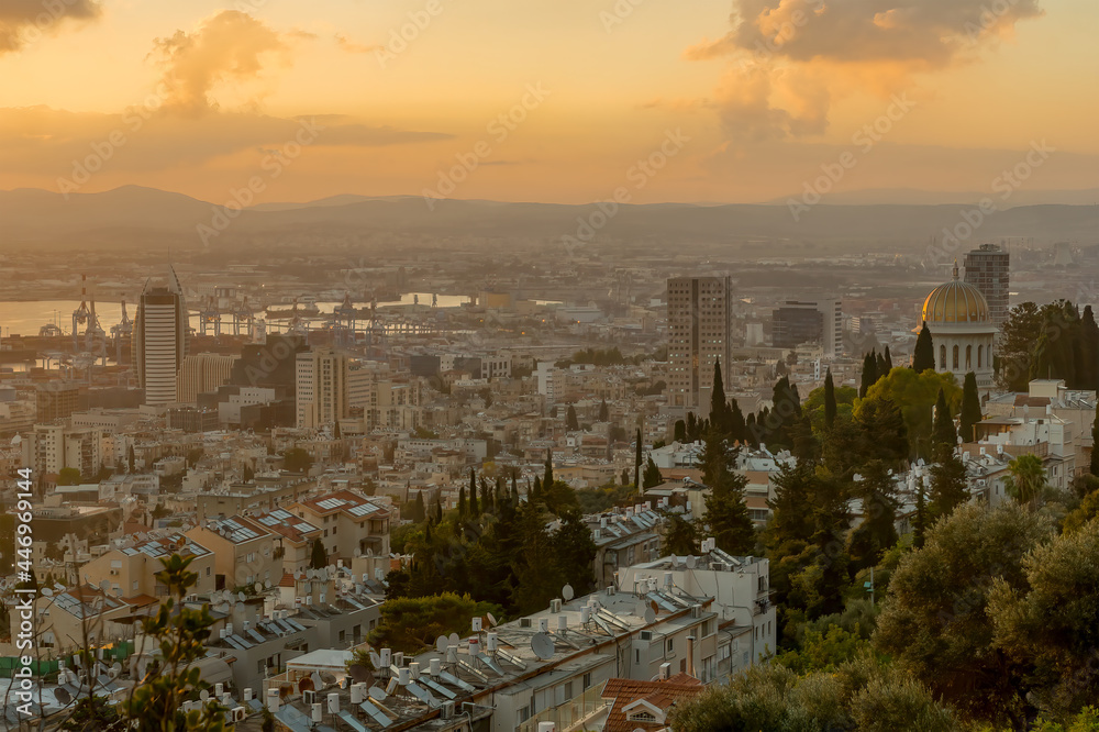 Sunrise view of downtown Haifa, Bahai Shrine and harbor