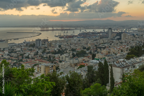 Sunrise view of downtown Haifa, with the harbor