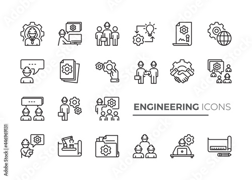 Simple Set of Engineering People Related Vector Line Icons. Contains such Icons as Teamwork, Tech Presentation, Communication and more.