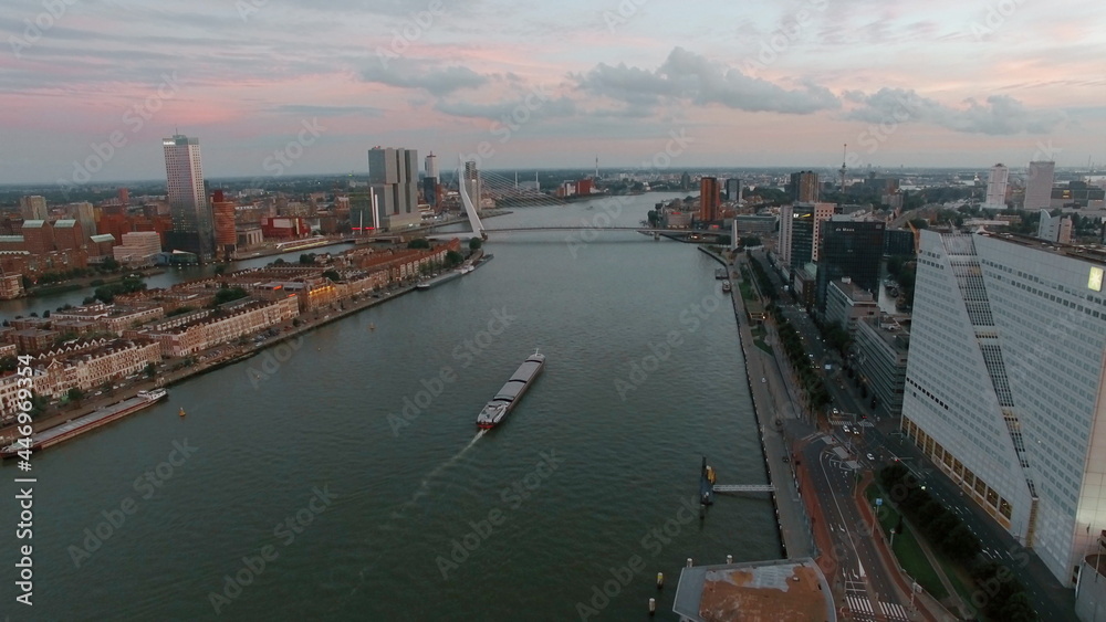 Aerial city view of Rotterdam with river