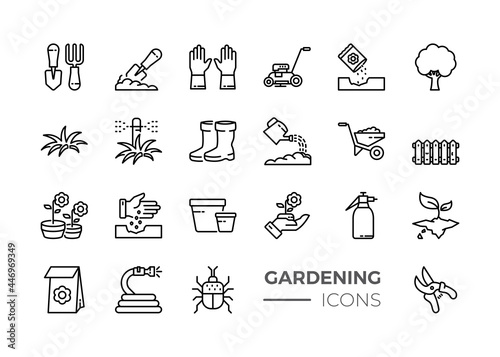 Simple Set of Gardening Related Vector Line Icons. Contains such Icons as Auto Watering, Seeding, Garden Tools and more.