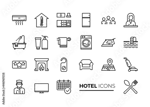 Simple Set of Hotel Related Vector Line Icons. Contains such Icons as Available Date Calendar, Toiletries, Room Size and more.