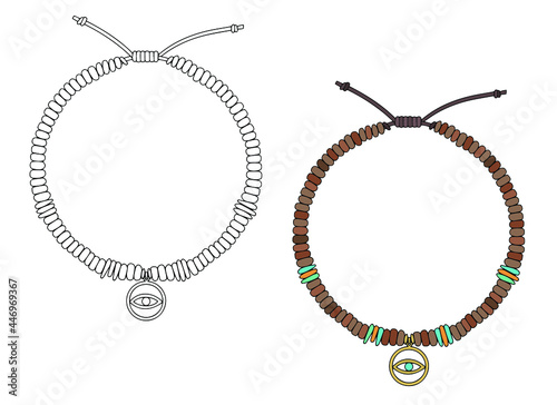 Handmade jewelry: amulet bracelet with an eye-shaped pendant. Vector illustration isolated on a white background.