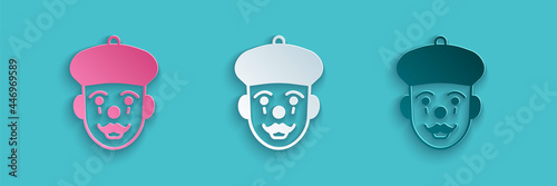 Paper cut French mime icon isolated on blue background. Paper art style. Vector