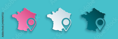 Paper cut Map of France icon isolated on blue background. Paper art style. Vector