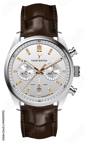 Realistic watch clock silver gold leather strap brown on white design classic luxury vector illustration.