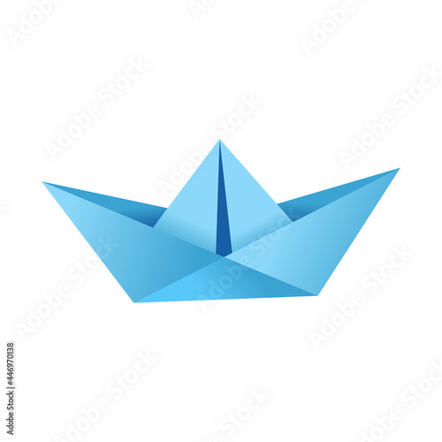 Vector illustration of a folded paper boat. One blue kids origami boat for games and ideas.