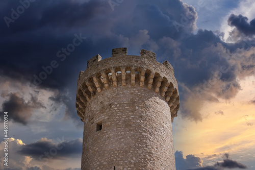 medieval tower during the sunset in the village of santo stefano di sessanio abruzzo photo