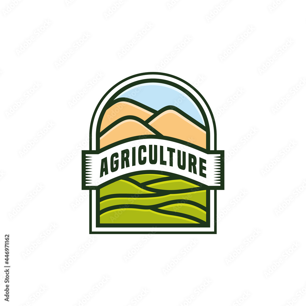 Fototapeta premium Agriculture logo design. Farmers' gardens are lush and green. farmers cultivate crops, utilization of natural resources. Classic style logo Vintage Rustic Western Retro Hipster Badge