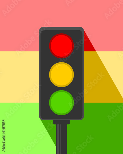 Traffic light pole rules street with green yellow and red light on road flat icon vector.