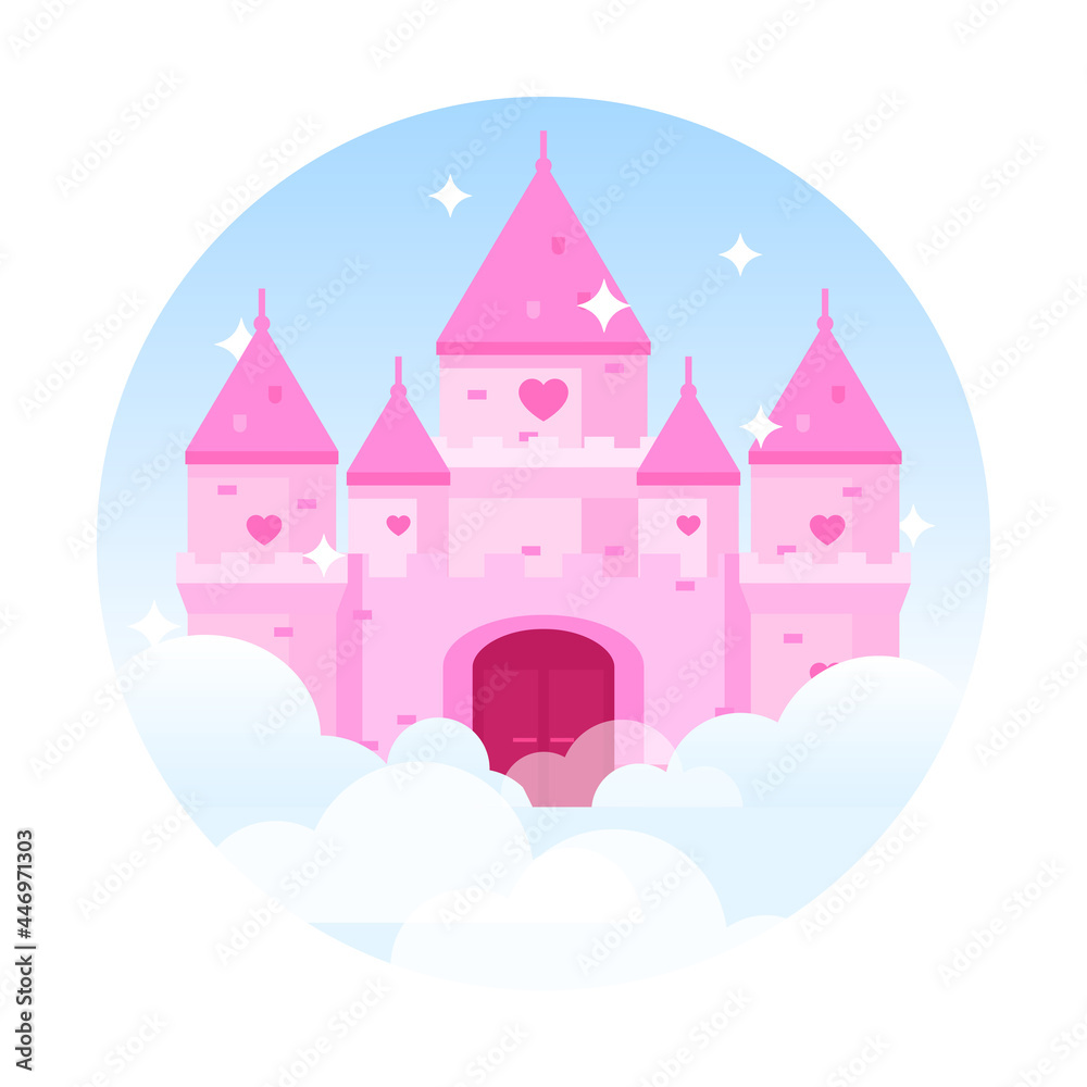 Flat vector illustration of princess castle in clouds. Fairytale dream palace with gate and heart shape windows