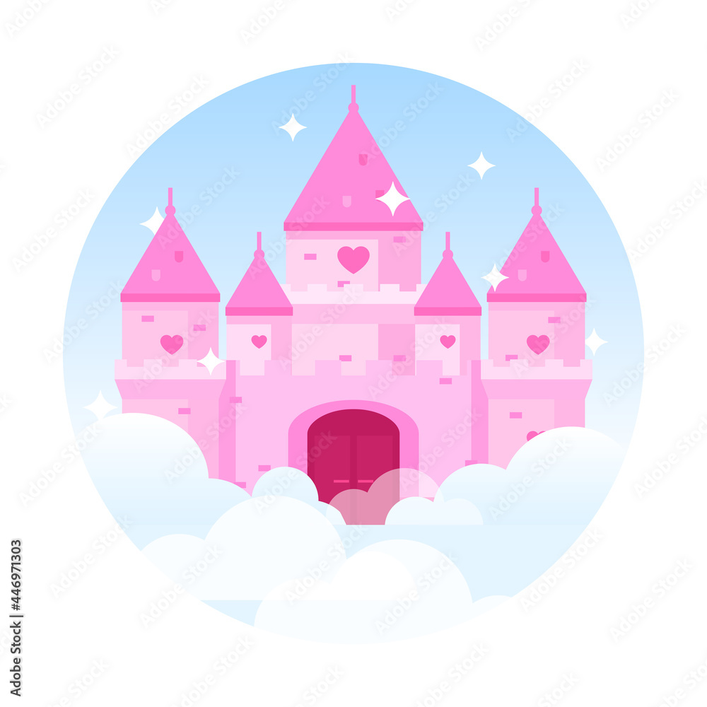 Flat vector illustration of princess castle in clouds. Fairytale dream ...