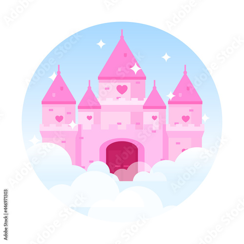 Flat vector illustration of princess castle in clouds. Fairytale dream palace with gate and heart shape windows