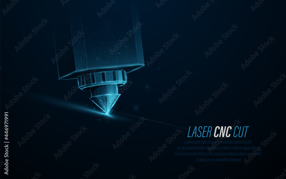CNC Laser cutting of industrial technology. Low polygon line, triangles, and particle style design. Abstract geometric wireframe light connection structure