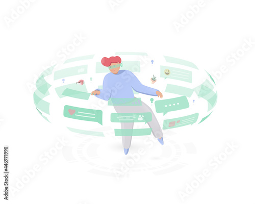 Futuristic technology concept. Men use future hud elements technology to discuss social networks, news, chat, dialogue speech bubbles. Vector illustration