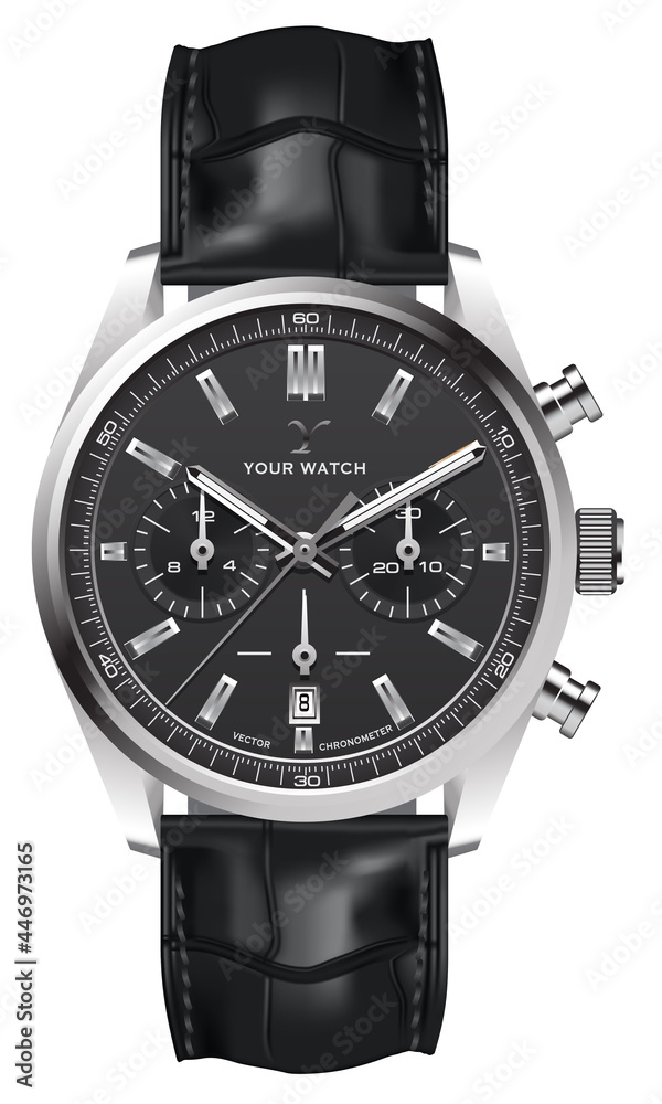 Realistic watch clock silver leather strap black on white design classic luxury vector illustration. Realistic watch clock silver leather strap black on white design classic luxury vector illustration.