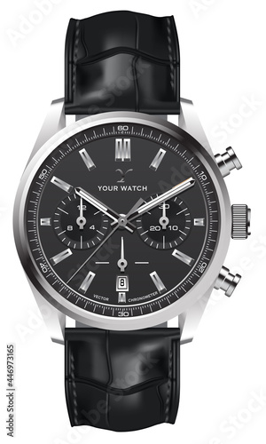 Realistic watch clock silver leather strap black on white design classic luxury vector illustration.