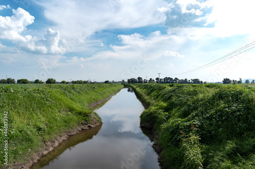 landscape with river and sky, Lerma river in Salamanca, Guanajuato, Mexico. Nature concept.