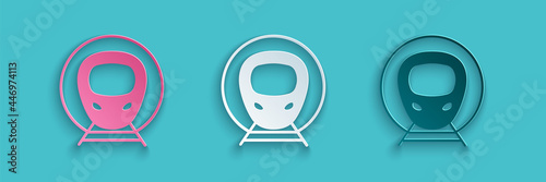 Paper cut Train and railway icon isolated on blue background. Public transportation symbol. Subway train transport. Metro underground. Paper art style. Vector