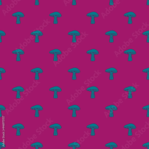 Abstract style seamless pattern with doodle blue Leccinum scabrum mushroom print. Bright pink background.