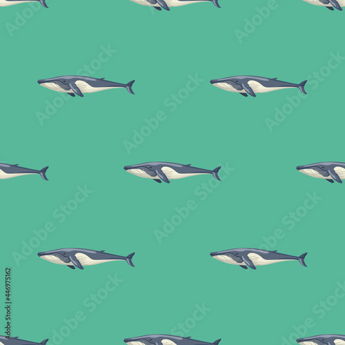 Seamless pattern Fin whale on green background. Template of cartoon character of ocean for fabric.