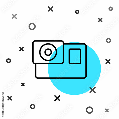 Black line Action extreme camera icon isolated on white background. Video camera equipment for filming extreme sports. Random dynamic shapes. Vector
