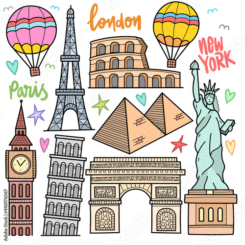 World Famous Destination Color Doodle Illustration