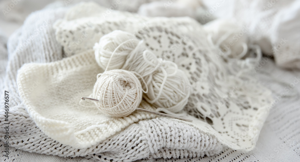 Close-up of crochet threads and handmade products. Close-up of crochet threads and handmade products.