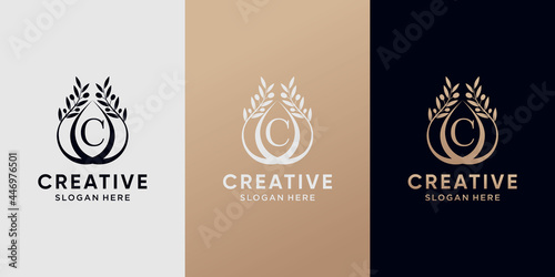 Creative olive oil logo design initial letter c with line art style. icon logo for business company
