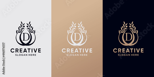 Creative olive oil logo design initial letter d with line art style. icon logo for business company