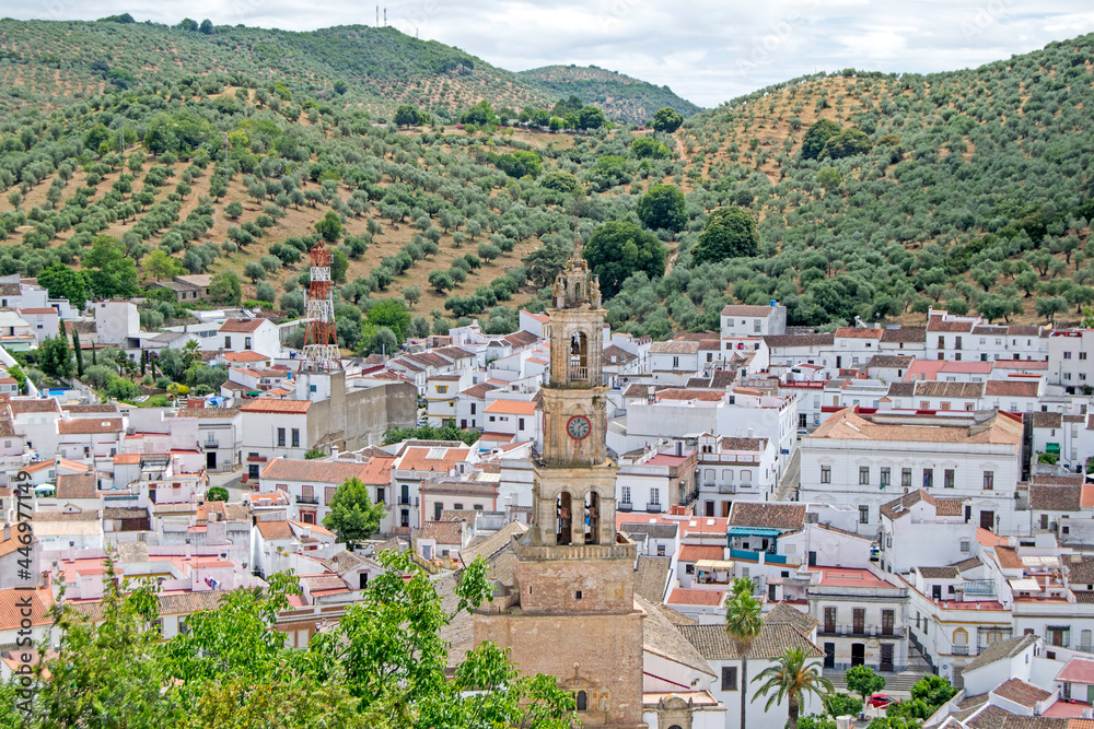 Constantina, one of the most beautiful villages on the North Seville Mountain with the church tower in the center, Andalusia, Spain