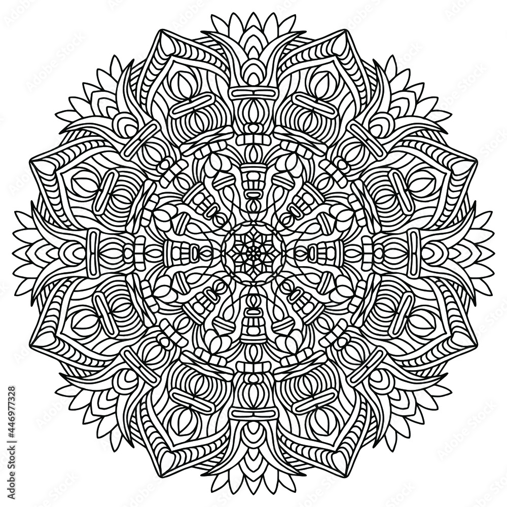 Fototapeta premium folk style mandala with floral ornaments for coloring on a white background, vector