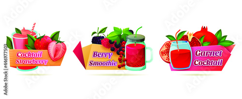 Volumetric label set for smoothie or cocktails. Decorative stickers for strawberry, berry and pomegranate drinks. Refreshing milky or fruity beverage.