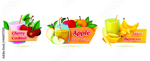 Label set for juicy drinks or summer cocktails. Decorative stickers for cherry cocktail, banana and apple juice or cider. Sweet milky or fruity beverages.