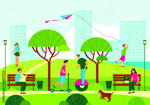 Park landscape or cityscape scenery. People resting on nature, riding on scooter, jumping a rope, playing with kite flying, relaxing on bench. Outdoor leisure activity, summer recreation banner.