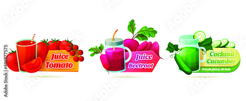 Decorative label set for vegetable juice or cocktail. Volumetric stickers for tomato, beetroot and cucumber drinks. Fresh and nutritional vegetarian beverages.