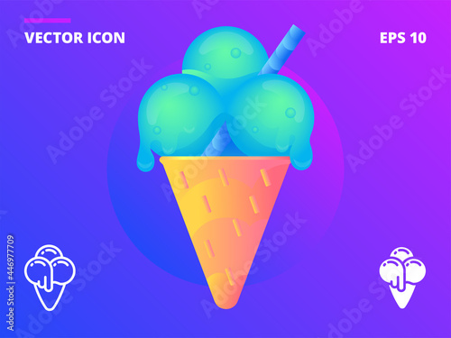 Ice cream cone with three fruit balls in a waffle cup. Big gradient vector detailed teaser and two flat line vector ice-cream icons. Summer trendy themed set.