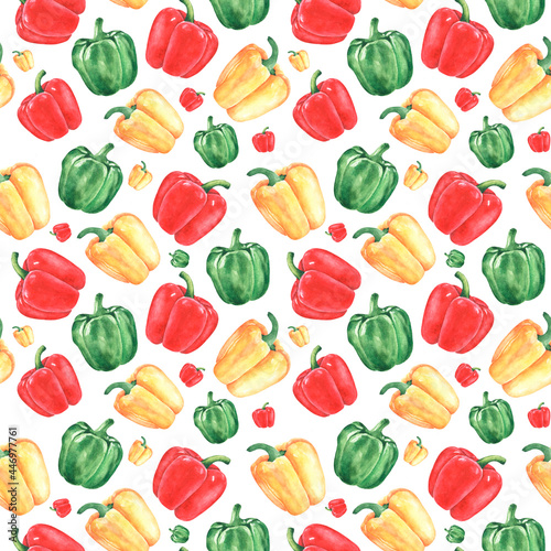 Wallpaper Mural Peppers watercolor seamless pattern. Red, yellow, green peppers. Peppers harvest. Juicy vegetables. Vitamins. On white background. Summer print. For printing on fabrics, textiles, packaging, paper Torontodigital.ca