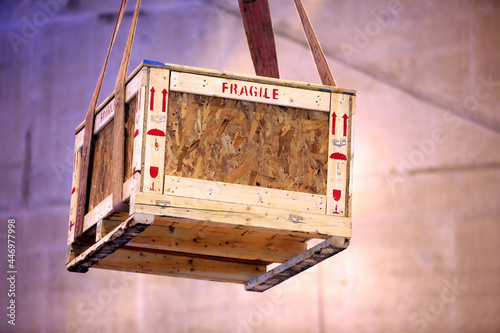 Box container shipping carco screen of Fragile sign on wooden crate.package protection for material on logistic.selective focus with . copy space photo