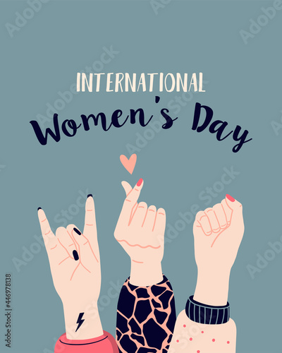 Girl power, feminism and International Women's Day concept . Vector illustration with Woman's hand.