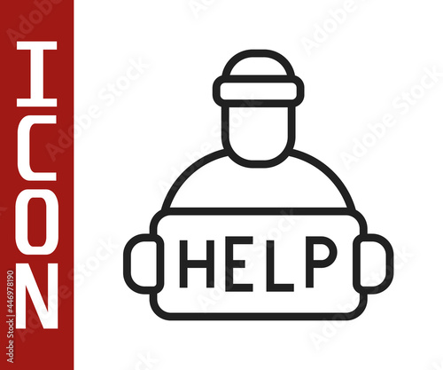 Black line Man with cardboard on the city street is asking for help icon isolated on white background. Poor homeless beggar. Homelessness problem. Vector