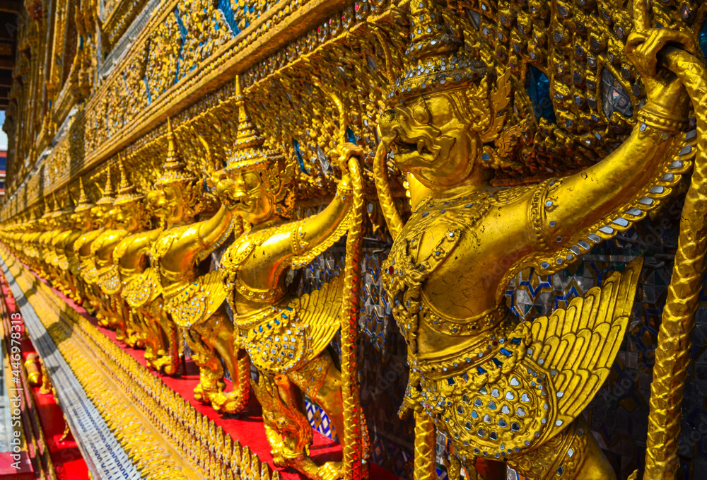 Beautiful golden Garuda sculpture at The Grand Palace, Bangkok, Thailand