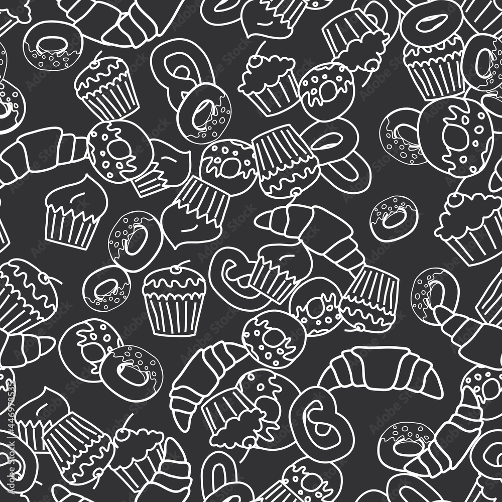 Seamless pattern with pastry in chalkboard style.