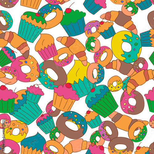 Seamless pattern with pastry in cartoon style.