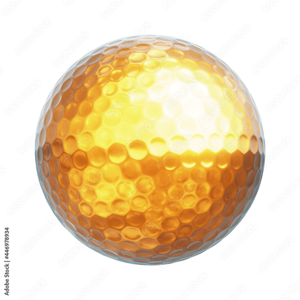 Realistic 3D render of the golden golf ball isolated on white Realistic 3D render of the golden golf ball isolated on white