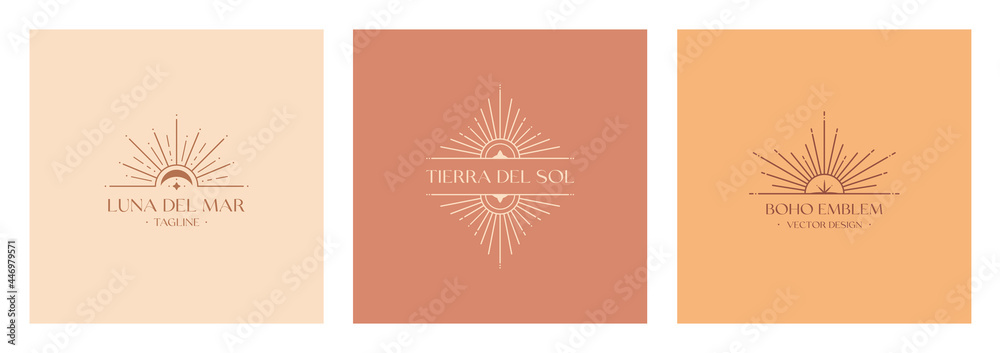 Set of vector bohemian logo design templates with sun and sunburst. Boho linear icons or symbols in trendy minimalist style.Modern celestial emblems.Branding design templates.