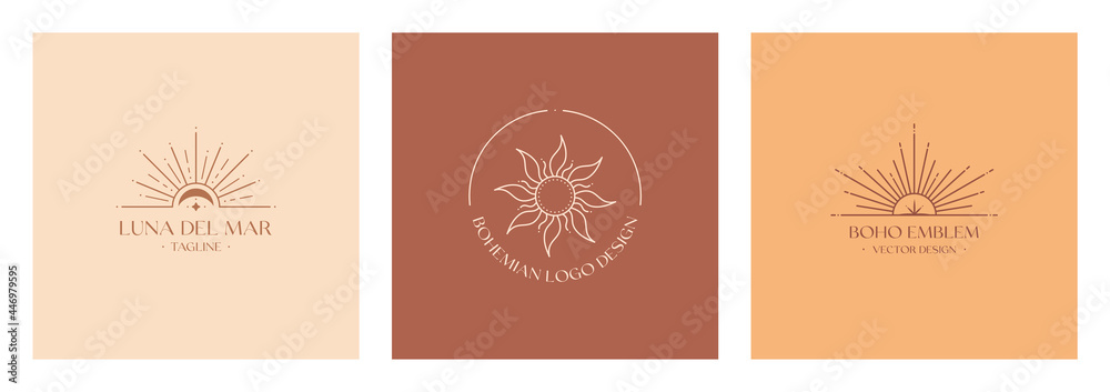 Set of vector bohemian logo designs with sun,moon and sunburst.Boho linear icons or symbols in trendy minimalist style.Modern celestial emblems.Letters with Luna del Mar means Sea Moon Set of vector bohemian logo designs with sun,moon and sunburst.Boho linear icons or symbols in trendy minimalist style.Modern celestial emblems.Letters with Luna del Mar means Sea Moon